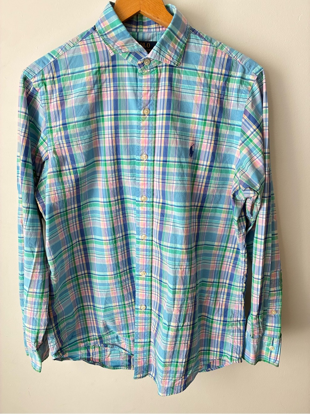 Polo Ralph Lauren Shirt Men’s Medium Classic Fit Madras Plaid Cotton Blue Green